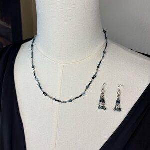 Vintage Dainty Blue & Silver Beaded Necklace and Earring Set